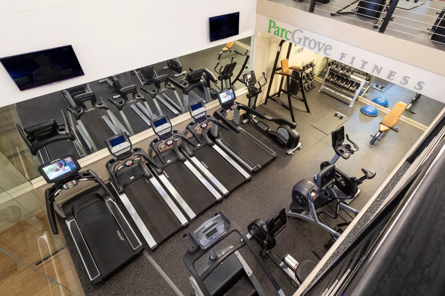 Aerial view of the treadmills in the fitness center at Sofi Parc Grove in Stamford, Connecticut