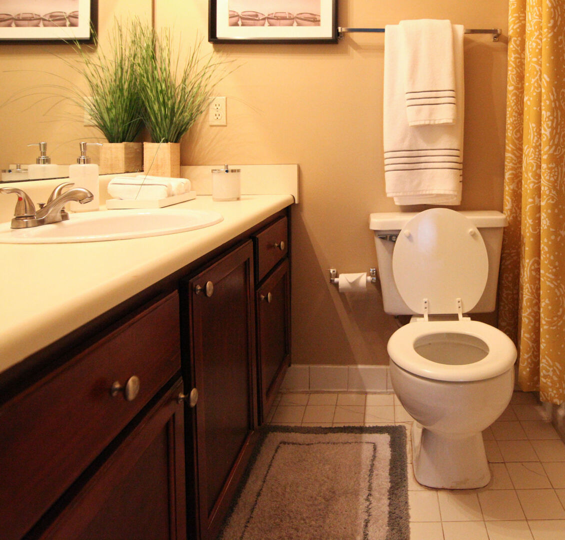 Bathroom with western style commode, mirror and storage space at Tapestry on Vaughn in Montgomery, Alabama,  