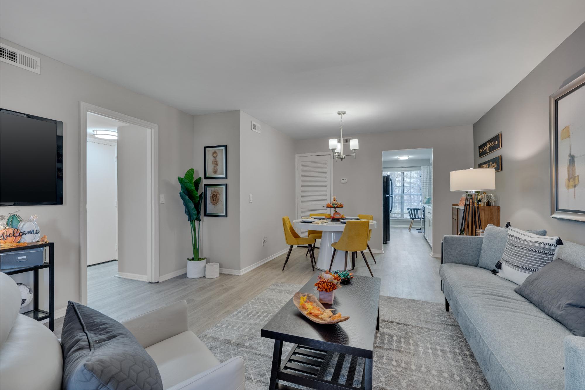 Stylish living room at Trailwood Crossing Apartments in Raleigh,North Carolina