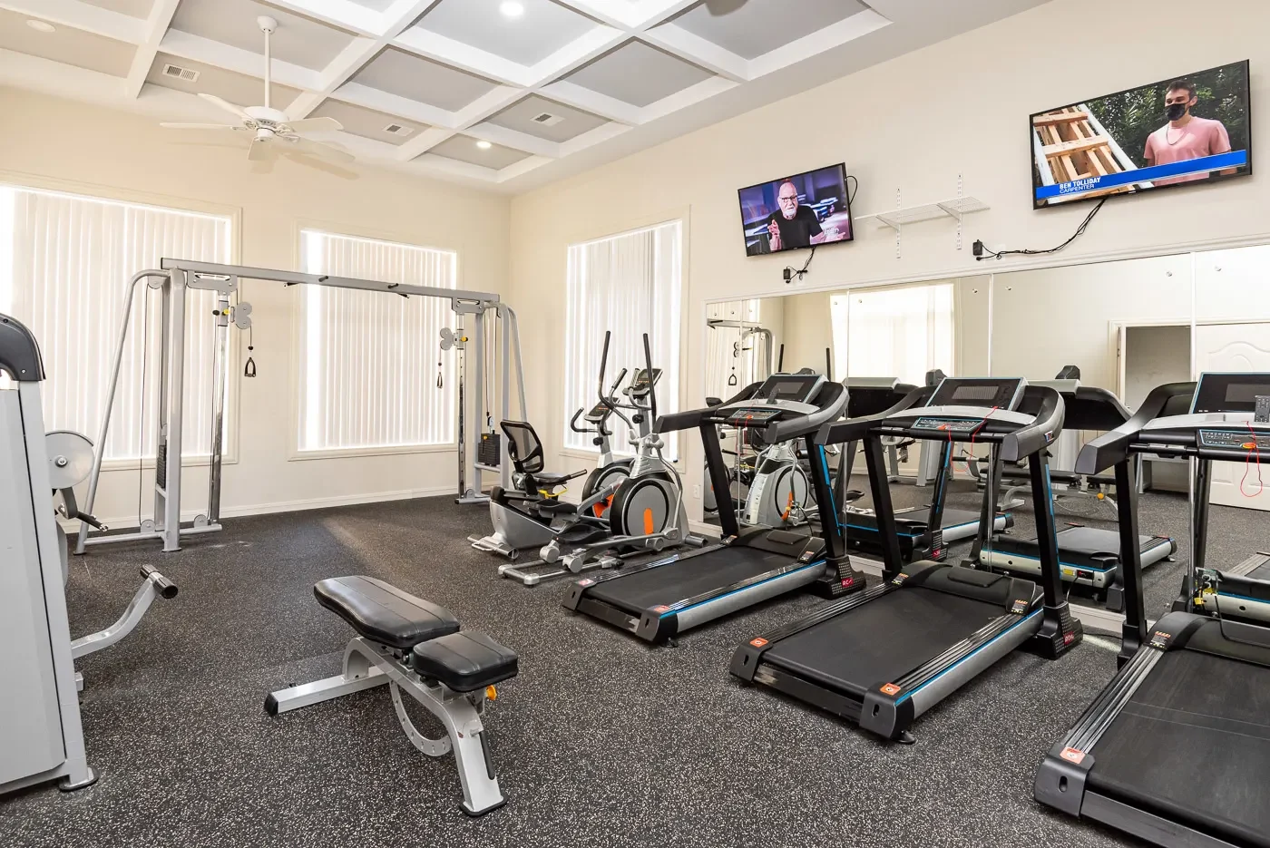 Well-equipped fitness center with treadmills at The Sto at Stoughton in Stoughton, Massachusetts
