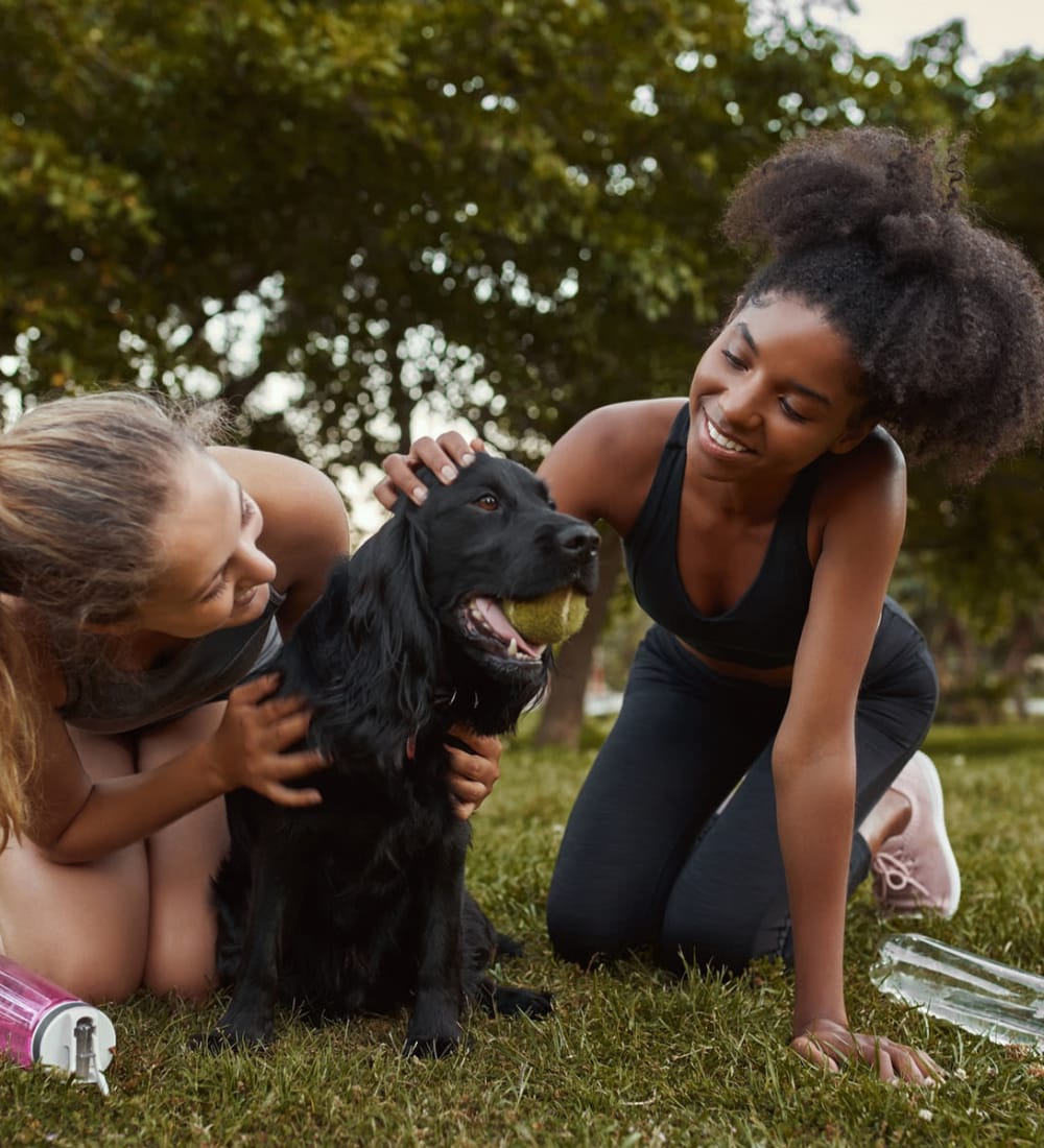 Student friends playing with their dog at a park near Campus Quarters in Corpus Christi, Texas