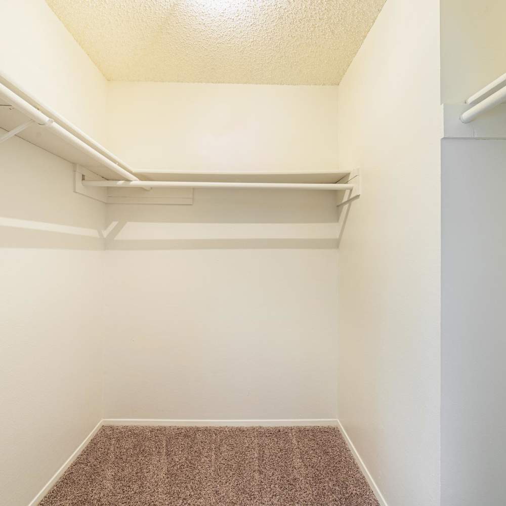 Empty closet with white walls and carpet at The Camaron Townhomes & Flats in San Antonio, Texas