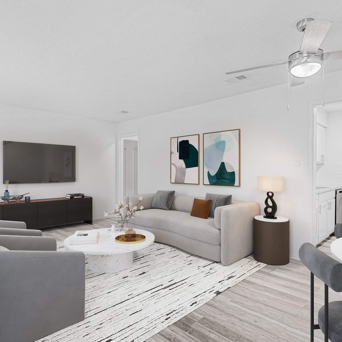 Living room with modern furnishings at Crescent Place in Savannah, Georgia