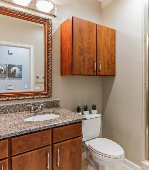 Modern bathroom with granite countertop at Vintage Park in Houston, Texas