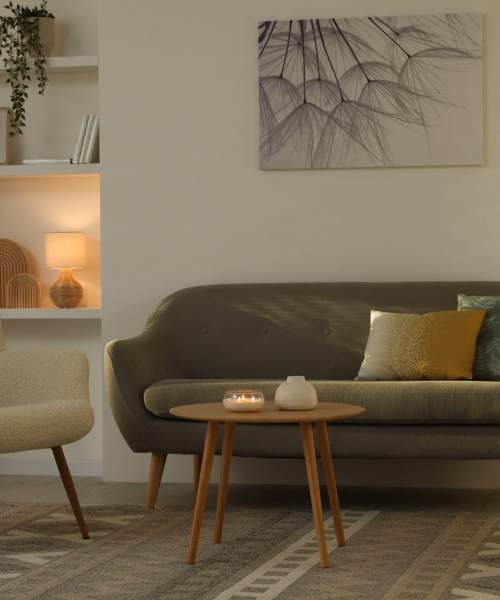 Living room with special lighting at Diggs Circle Townshomes in La Plata, Maryland