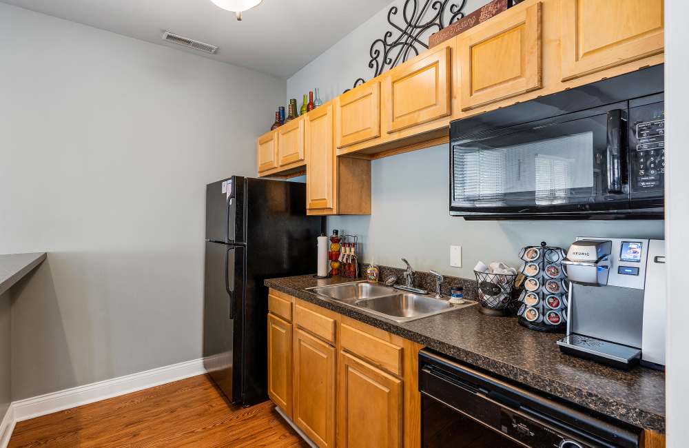 Coffee maker and kitchen appliances at Indian Footprints Apartments in Harrison, Ohio