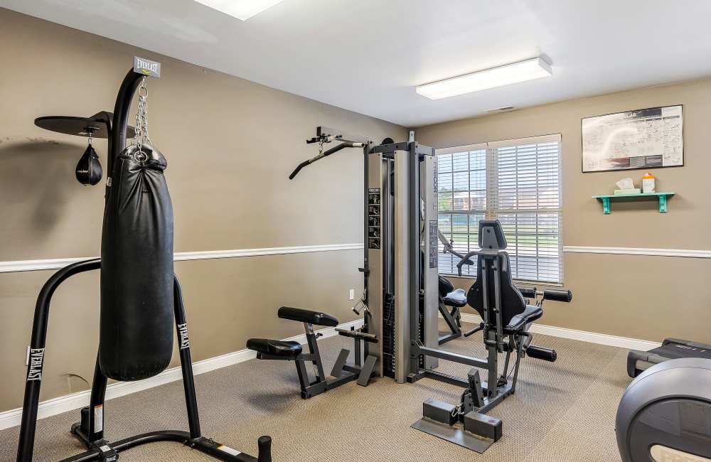 Weightlifting equipment and punching bag at Indian Footprints Apartments in Harrison, Ohio