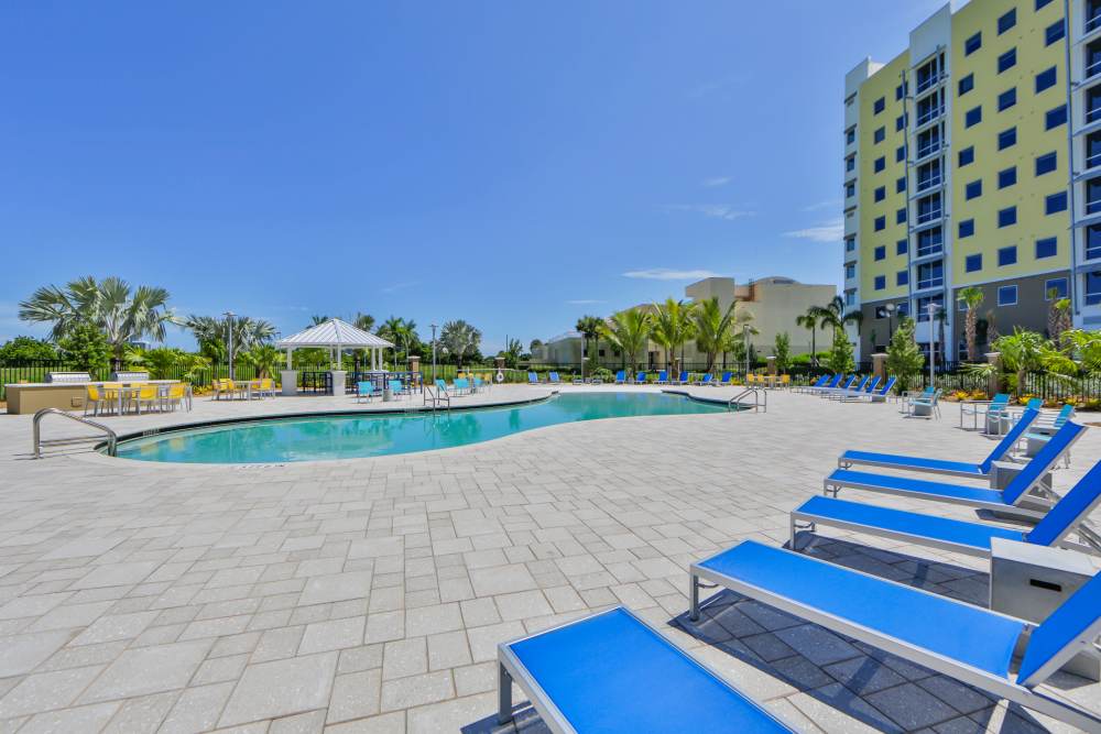 Resort-style pool with lounge chairs at Bayview Student Living in North Miami, Florida