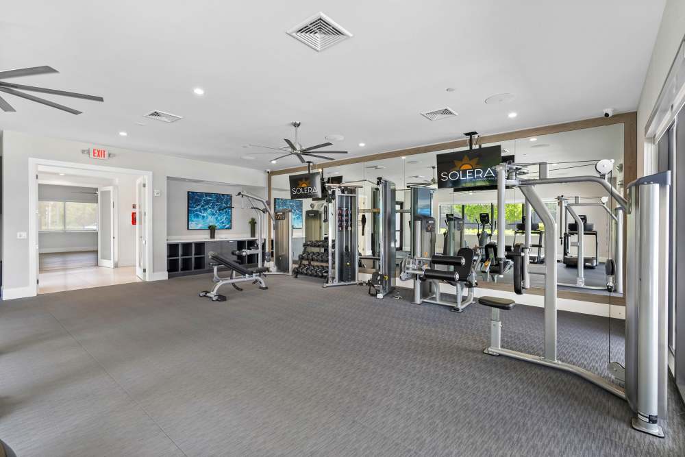 Modern fitness center featuring workout equipment, large mirrors, and natural light from windows at Solera at Avalon Trails in Delray Beach, Florida