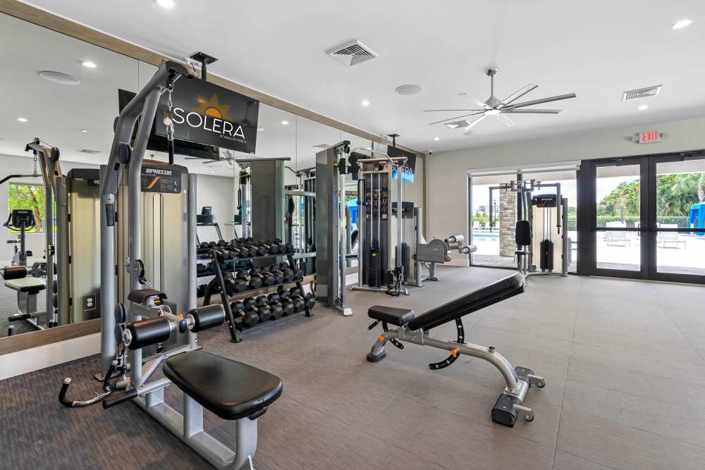 Modern fitness center with weight machines, free weights, and large windows overlooking the pool area at Solera at Avalon Trails in Delray Beach, Florida