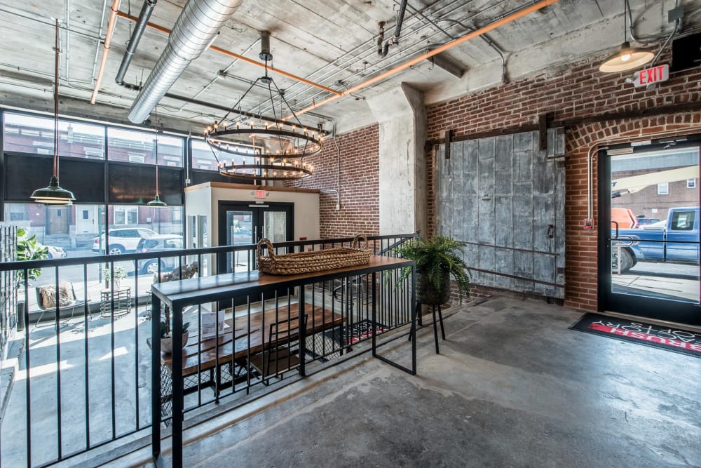 Chandelier hanging from the ceiling at Brush Factory Lofts in Philadelphia, Pennsylvania