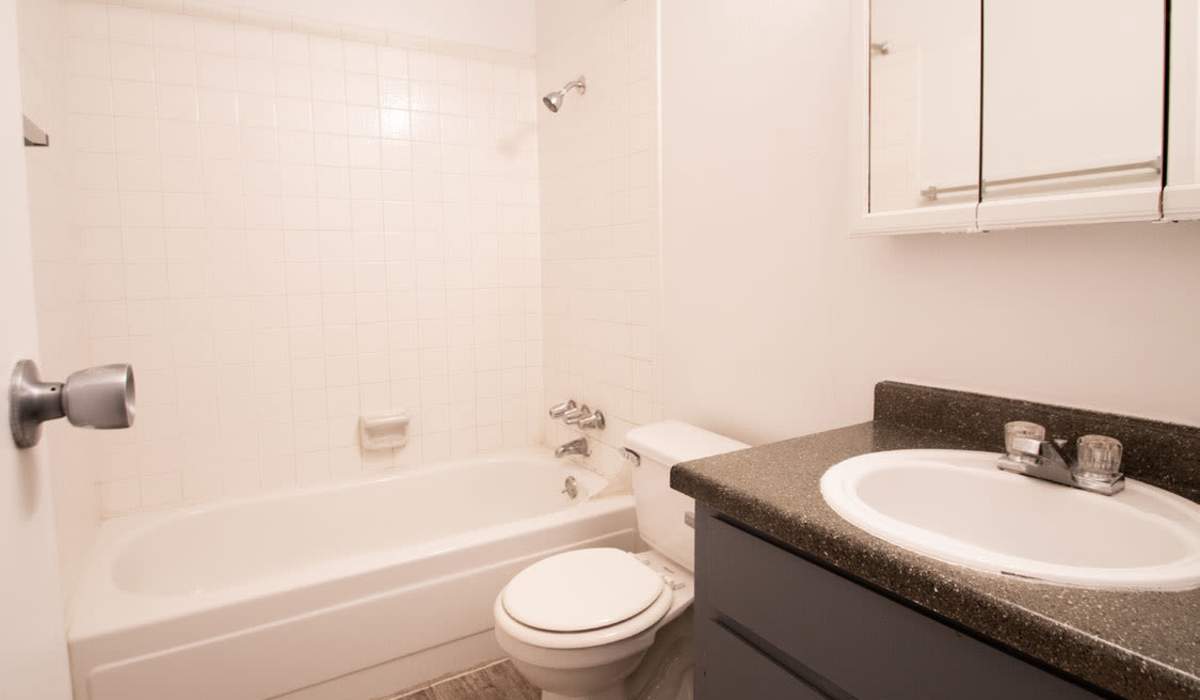 Bright bathroom with a bathtub, shower, and granite countertop vanity at Riatta Ranch Apartments in Abilene, Texas