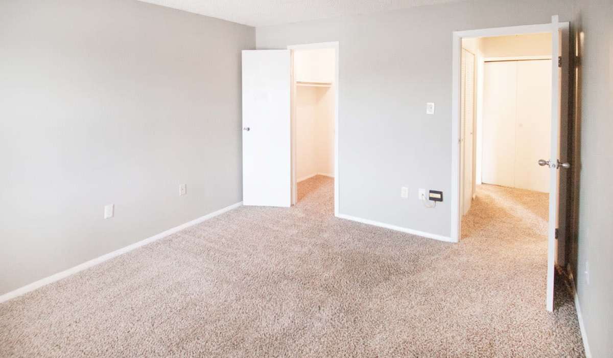 Spacious bedroom with beige carpet, gray walls, and two open doors leading to closets at Riatta Ranch Apartments in Abilene, Texas