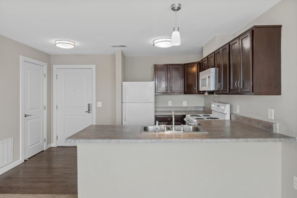 Granite countertops in modern kitchen at Penn Square II in Baltimore, Maryland