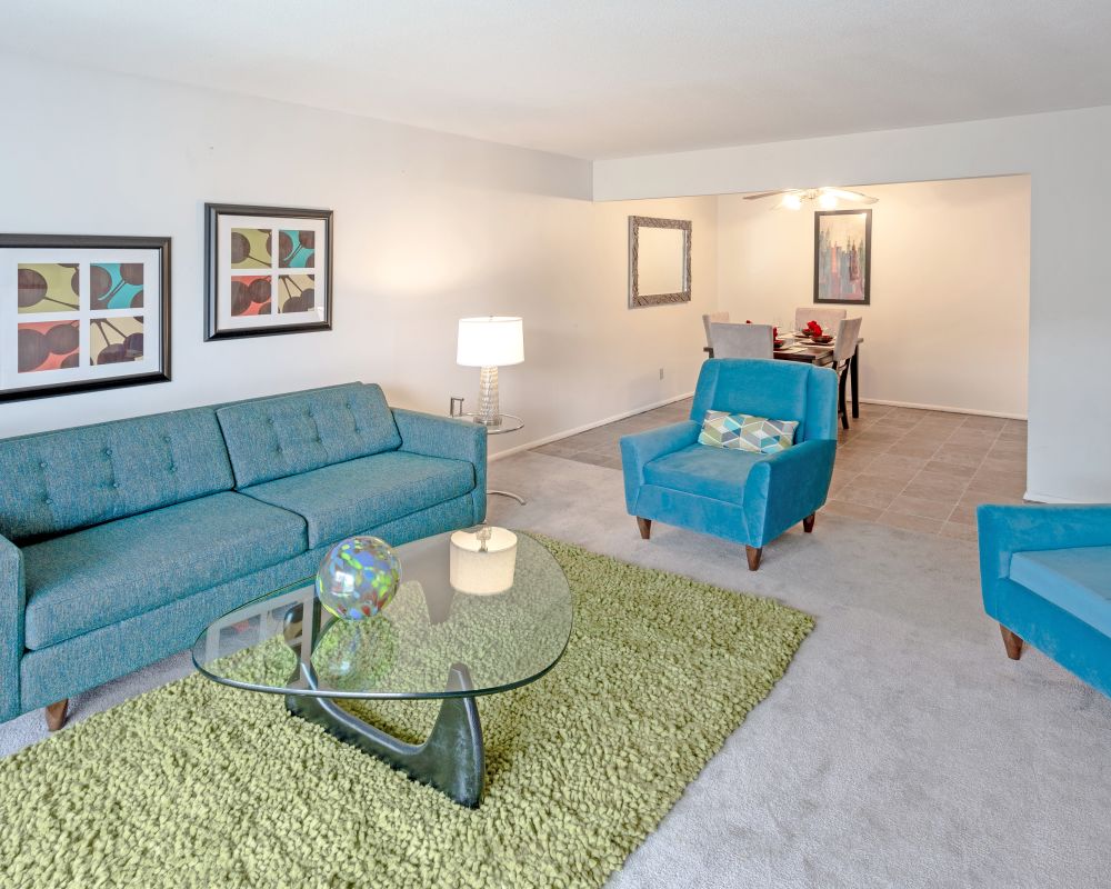 Living room with modern furniture at Central Avenue Lofts in Northeast Minneapolis, Minnesota