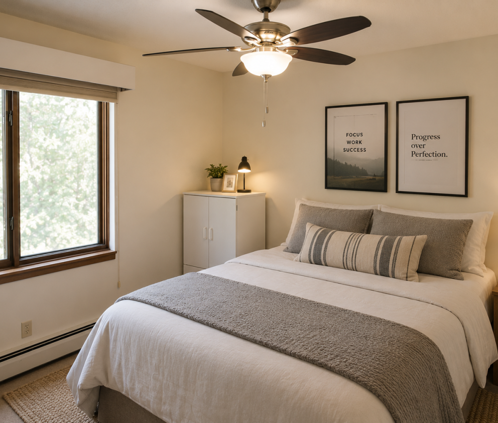 Well-lit bedroom with a ceiling fan at Maple Glen in Ames, Iowa