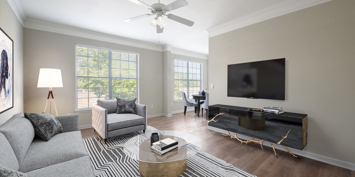 Living room with modern furnishings at Belmont Place Apartments in Marietta, Georgia