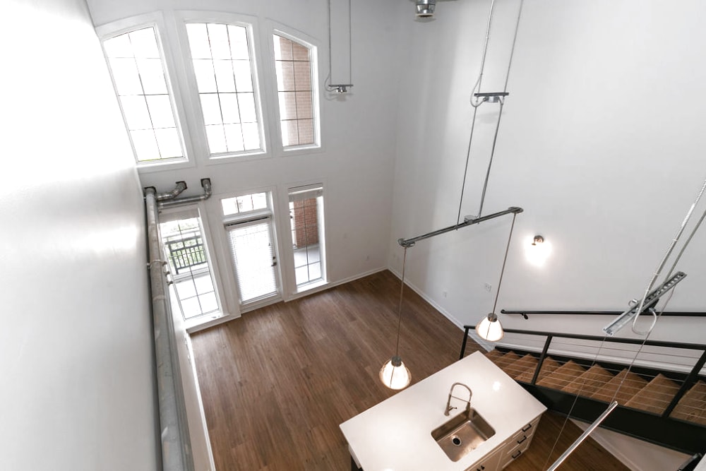 Spacious living room and kitchen at 17th Street Lofts in Atlanta, Georgia