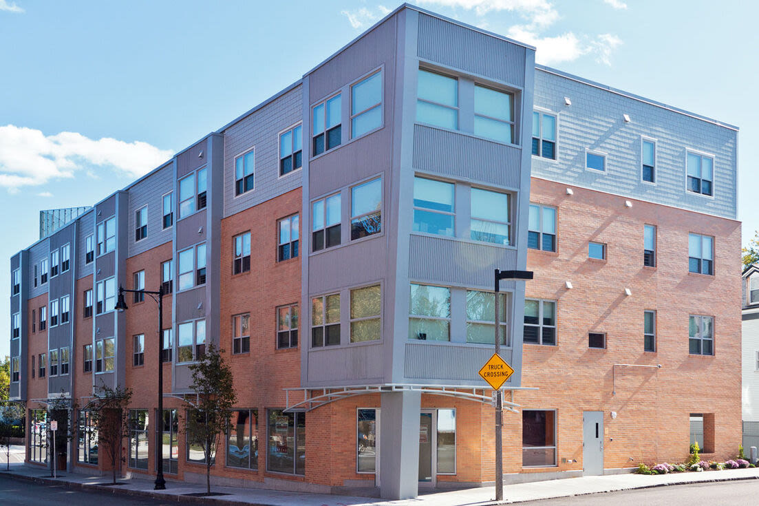 View of the road as well as the building at 270 Centre Street in Jamaica Plain, Massachusetts
