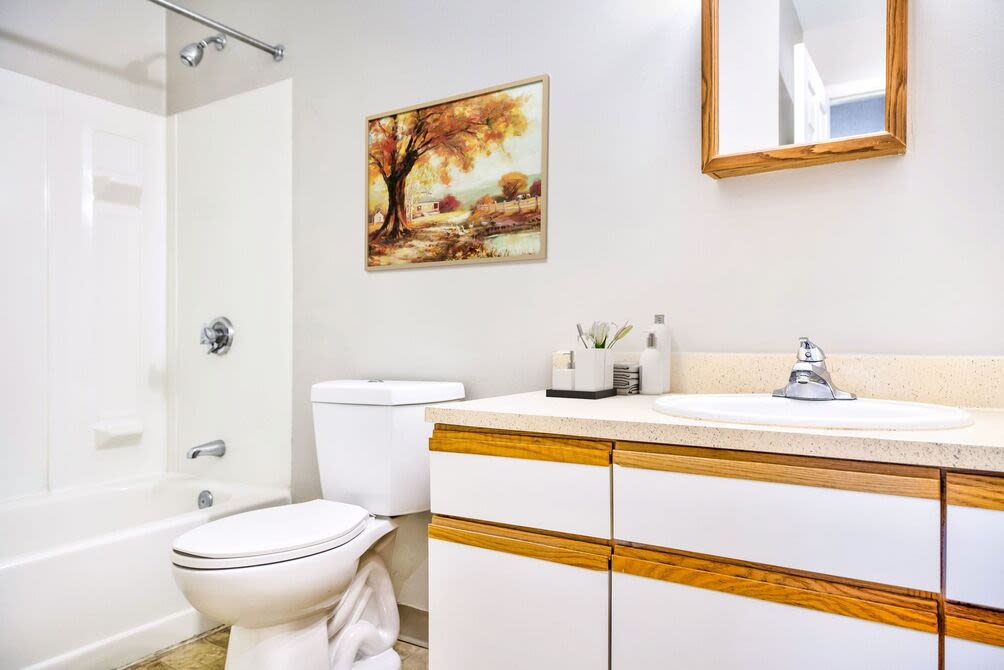 Bright bathroom with sink and storage space at 840 County in Taunton, Massachusetts