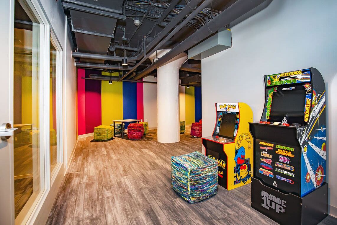 Arcade games in the play zone for the residents at 98 Essex in Haverhill, Massachusetts