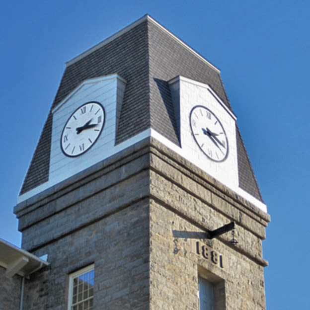 Clock tower at Bourne Mill in Tiverton, Rhode Island