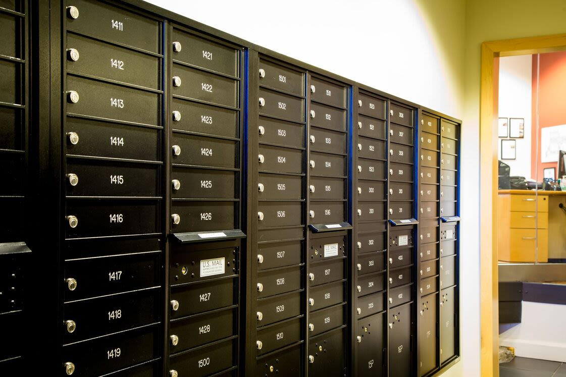 Community mail boxes at Bourne Mill in Tiverton, Rhode Island