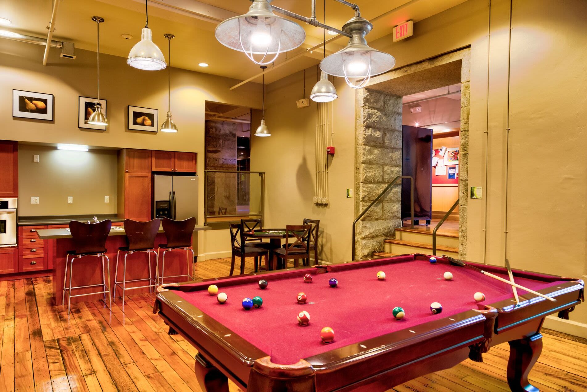 Pool table in clubhouse at Bourne Mill in Tiverton, Rhode Island