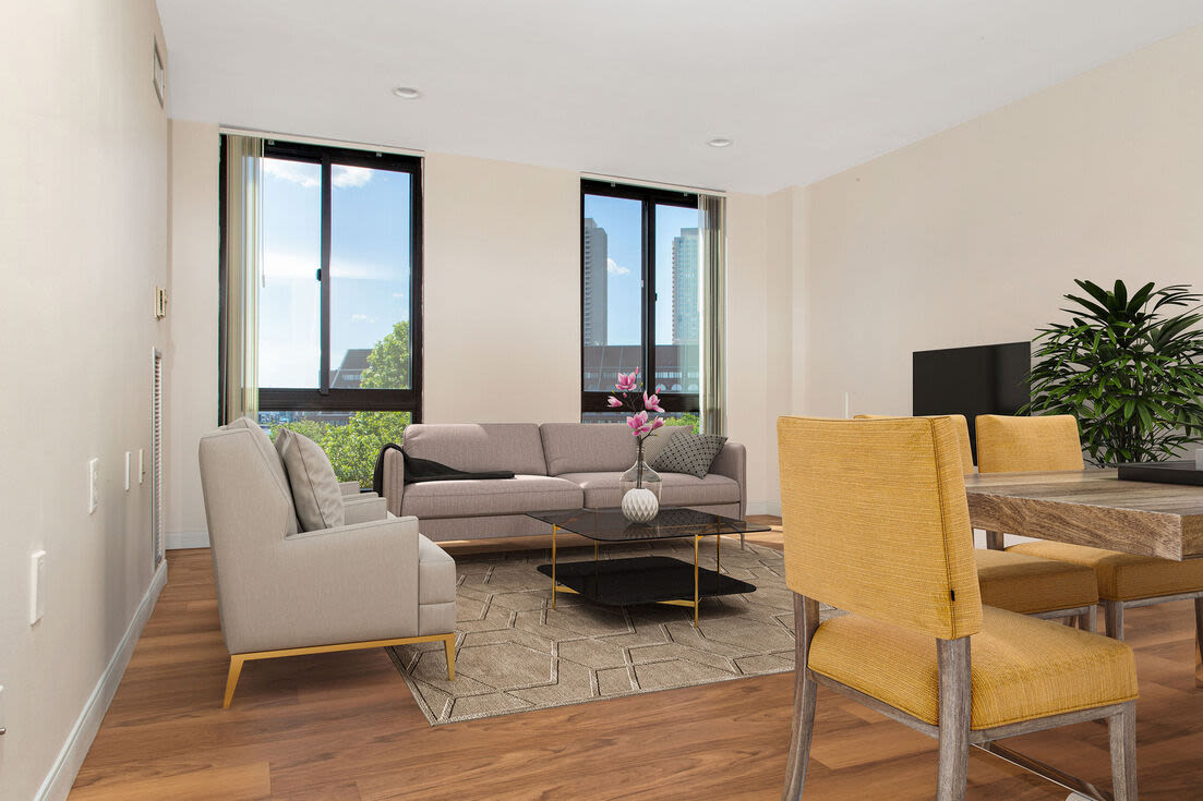Living space with wood flooring Christopher Columbus Plaza in Boston, Massachusetts
