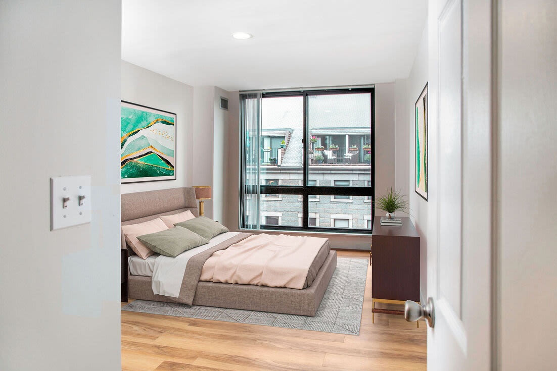 View of a model bedroom Christopher Columbus Plaza in Boston, Massachusetts