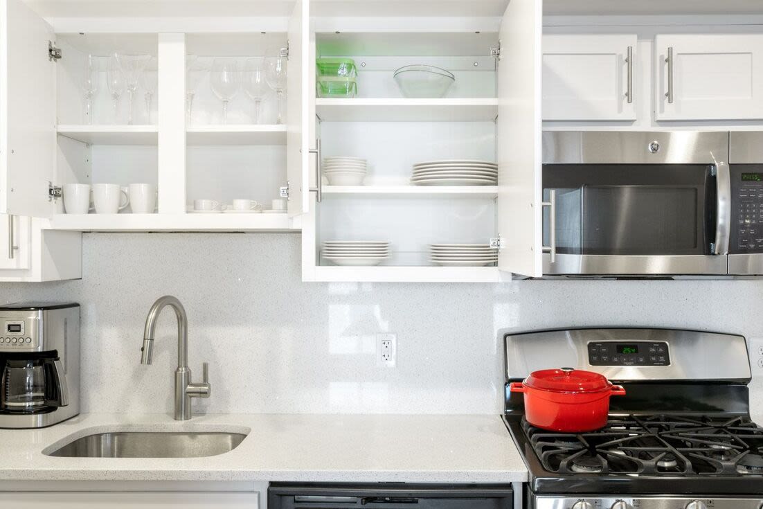 Kitchen with white accents Christopher Columbus Plaza in Boston, Massachusetts