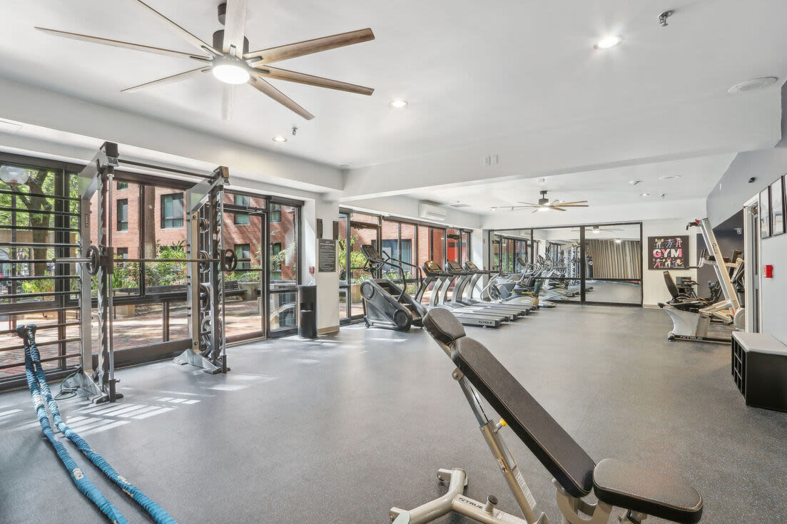 Fitness center with large fan Christopher Columbus Plaza in Boston, Massachusetts