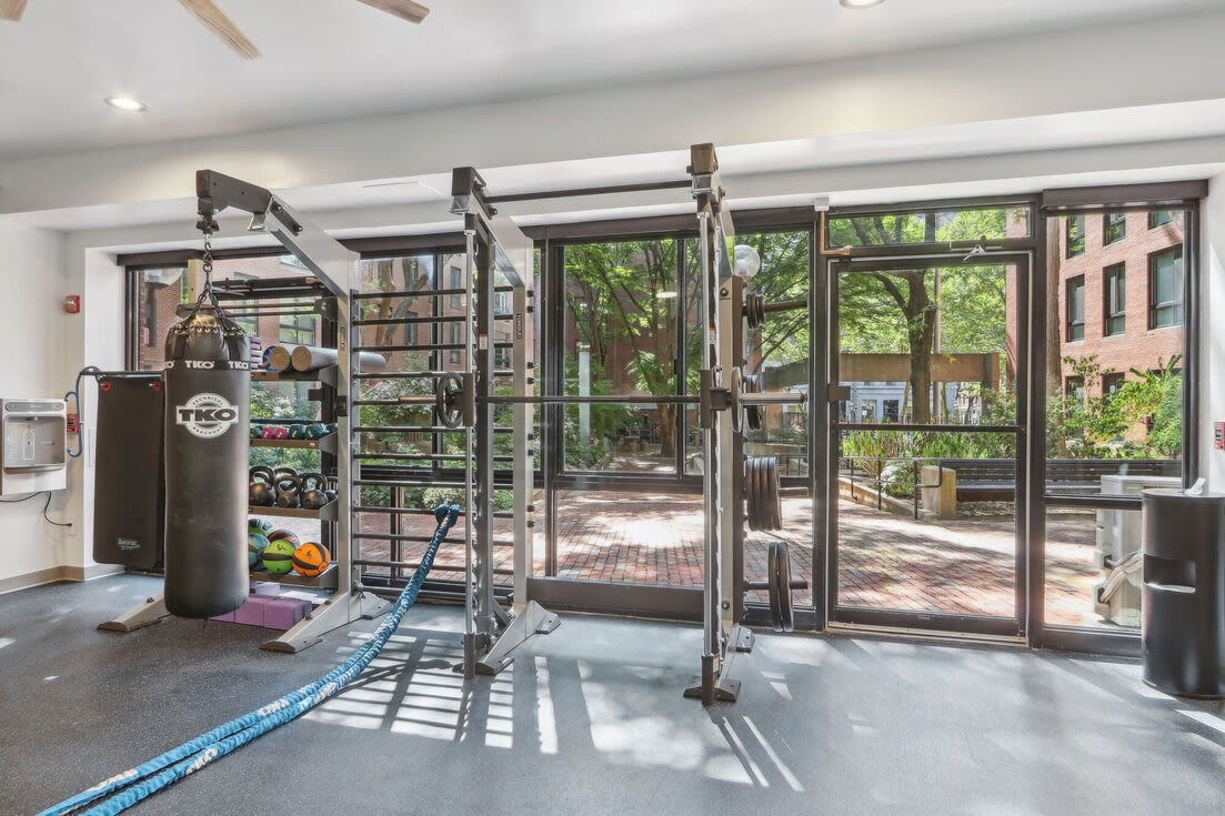 Fitness area with view of outside Christopher Columbus Plaza in Boston, Massachusetts
