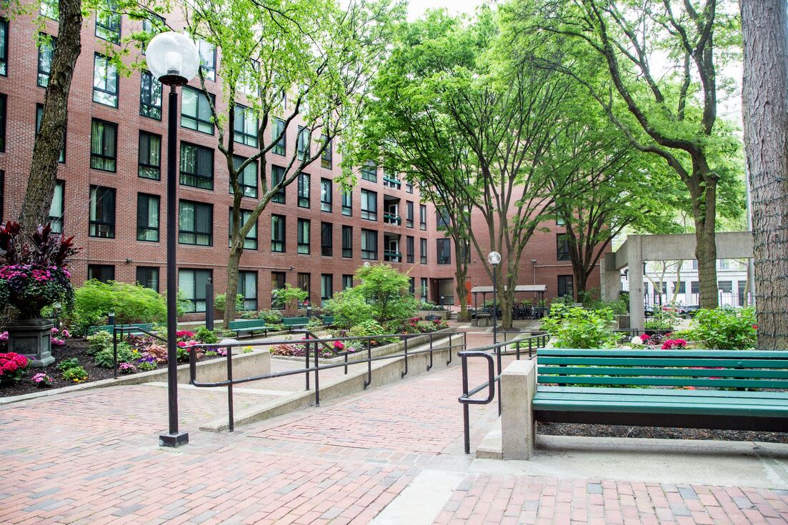 City block near Christopher Columbus Plaza in Boston, Massachusetts