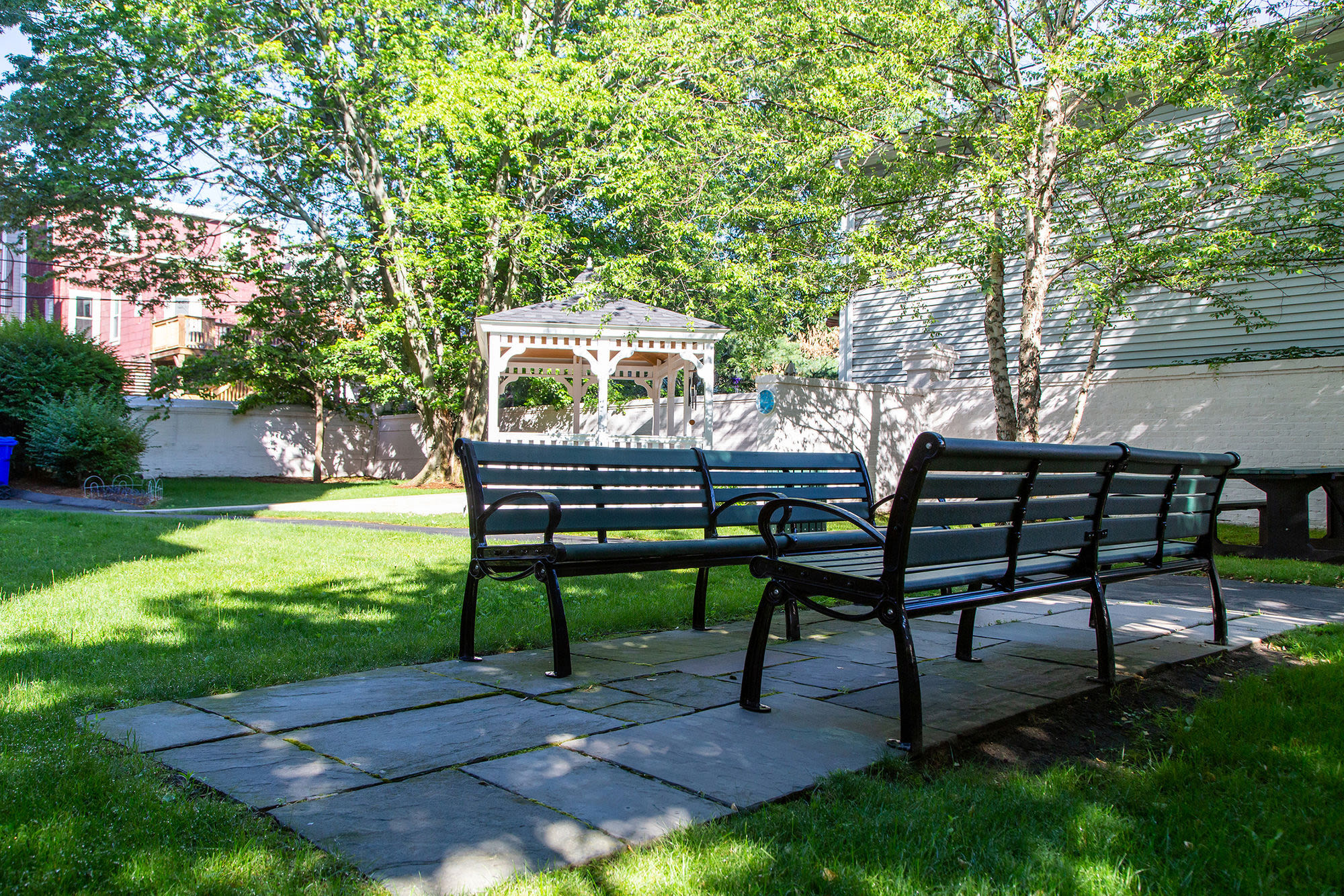 Bench in the park at John Boyle O'Reilly Apartments in South Boston, Massachusetts