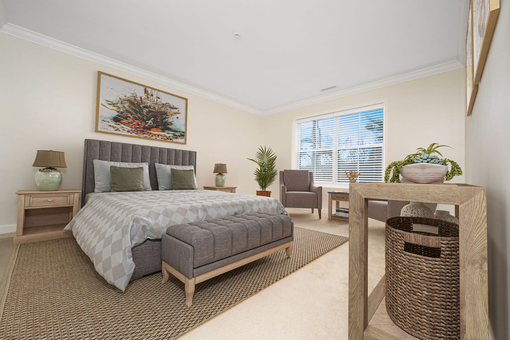 Bedroom with grey color bed at Sterling Place in Lakeville, Massachusetts