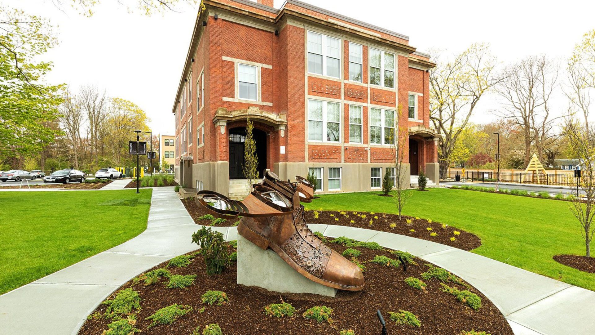 Exterior shot of the apartments at The Mcelwain School Apartments in Bridgewater,Massachusetts
