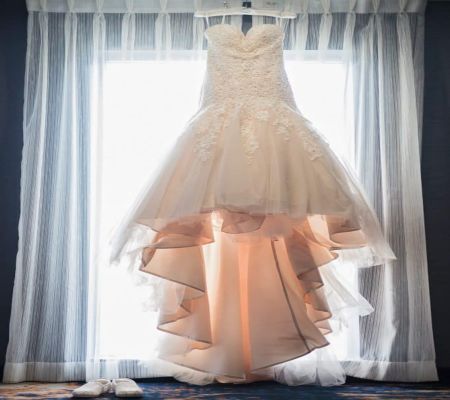 Wedding dress on display at The Whitcomb Senior Living Tower in St. Joseph, Michigan