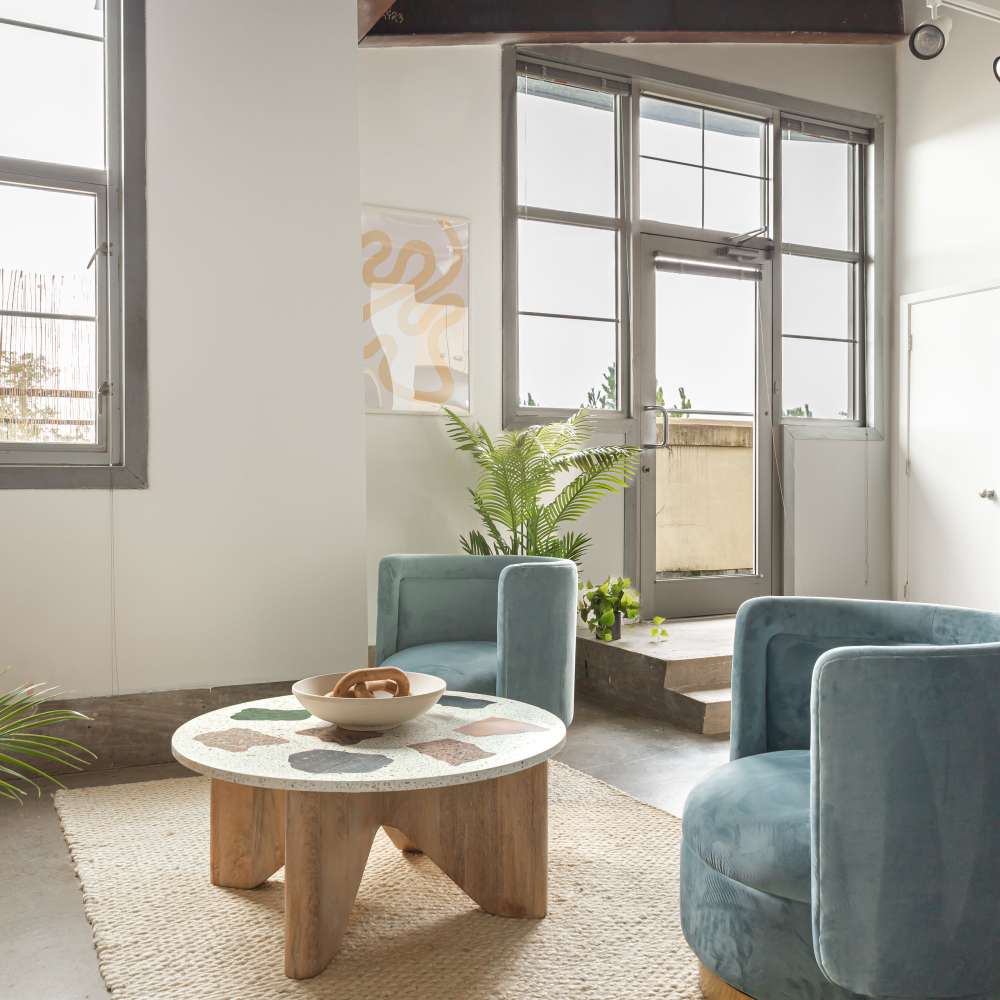 Model living space with rug at Ice House Lofts in Decatur, Georgia