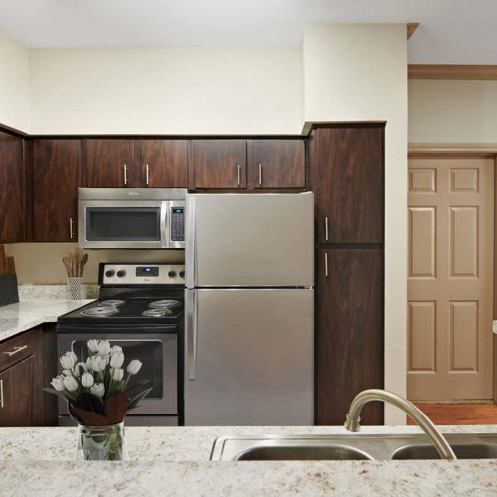 Kitchen with stainless-steel appliances at Woodland Park in Houston, Texas