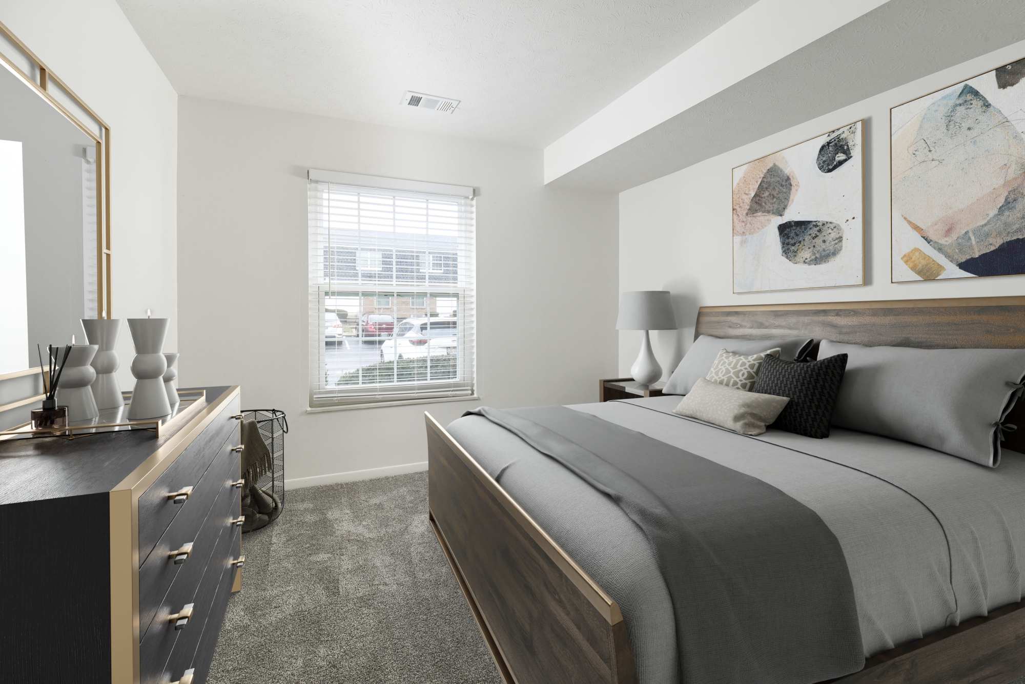 West bedroom with carpet and vinyl floorinhg at Pointe at Northern Woods in Columbus, Ohio