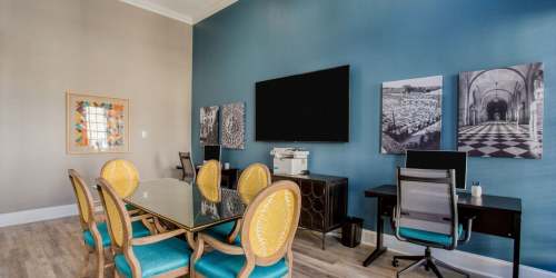 Living room with television at Verlaine on the Parkway in Dallas, Texas, 