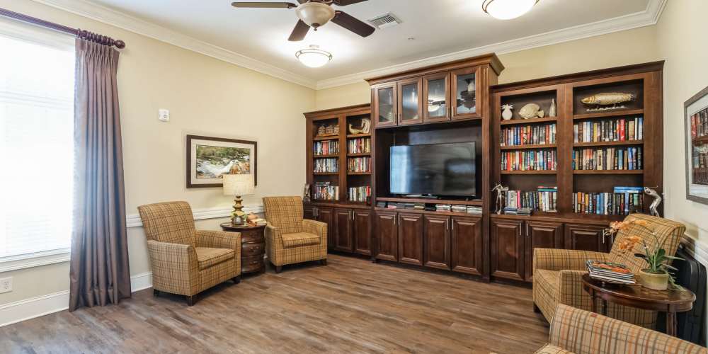 Fireplace lounge at Barclay House of Aiken in Aiken, South Carolina