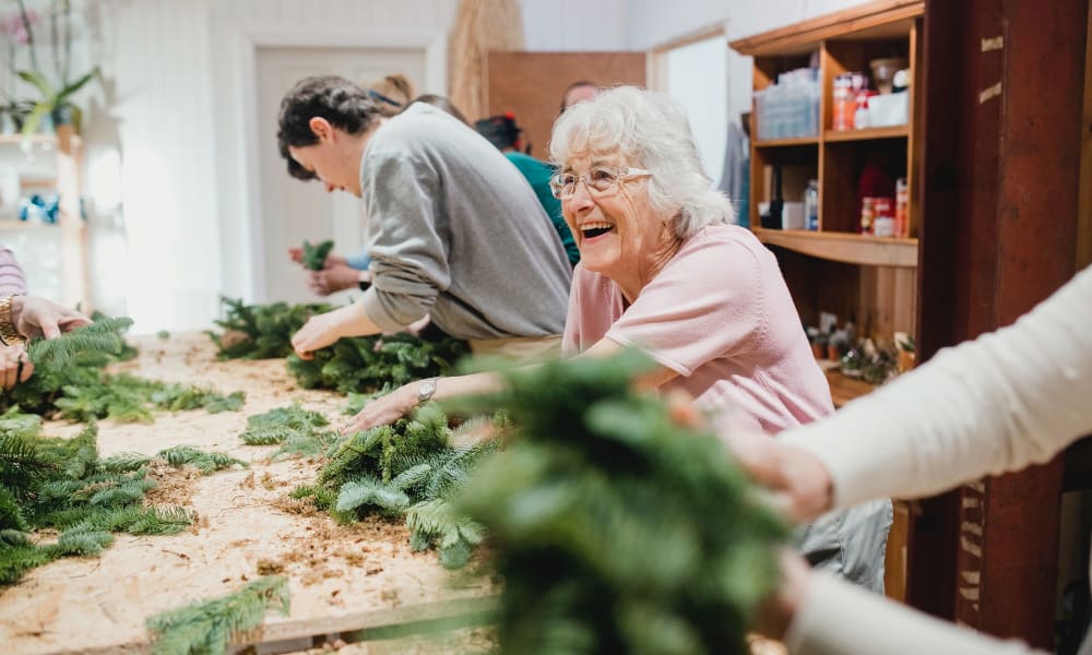 Residents making wreaths at Governor's Village in Mayfield Village, Ohio