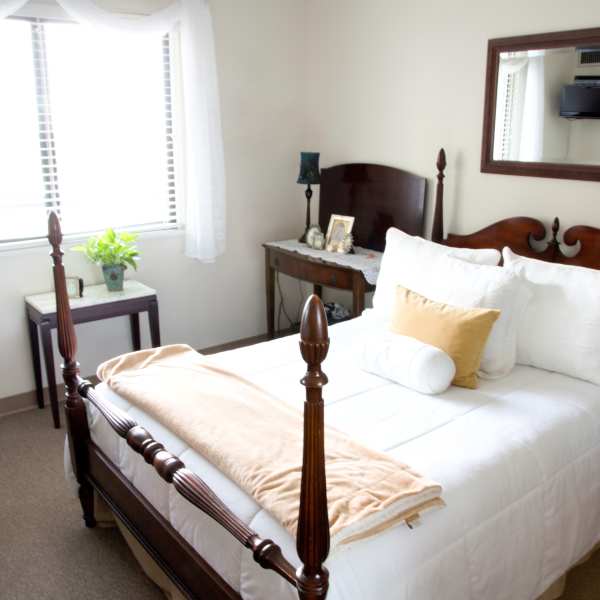 Bedroom of a model apartment at Oceanpointe Towers in Long Branch, New Jersey