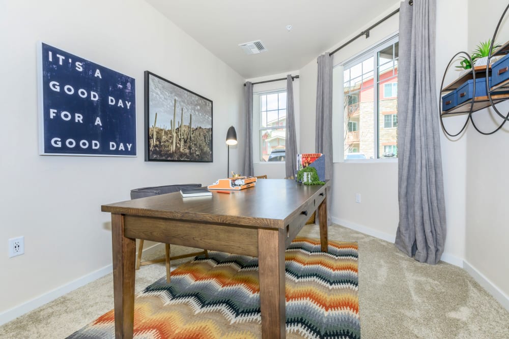 Extra bedroom set up as a home office at Trailside Apartments in Flagstaff, Arizona