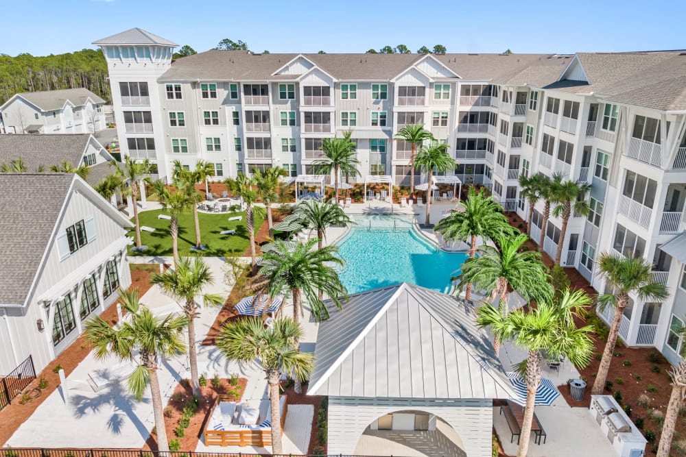 Aerial view of the pool and the community at Primrose at Santa Rosa Beach in Santa Rosa Beach, Florida