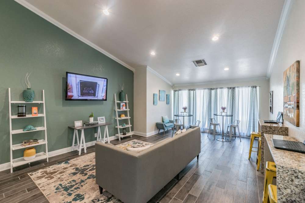Community clubhouse with entertainment center at Legend Oaks in Tampa, Florida