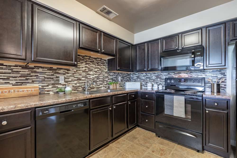 Kitchen with espresso cabinets and black appliances at Regency Lakeside Apartment Homes in Omaha, Nebraska