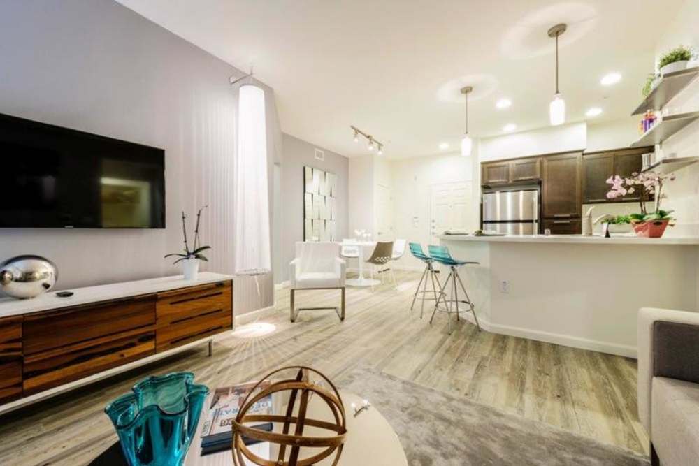 Living room with TV at Solterra in San Diego, California